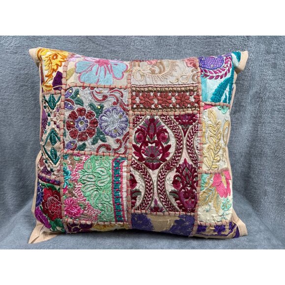 Other - Handcrafted Embroidered Patchwork Throw Pillow Cover With Floral & Geometric Des